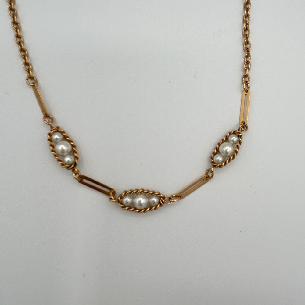 Vintage Sarah Coventry Pearl Station Necklace Gold Tone Bar Link Chain 16 Inch